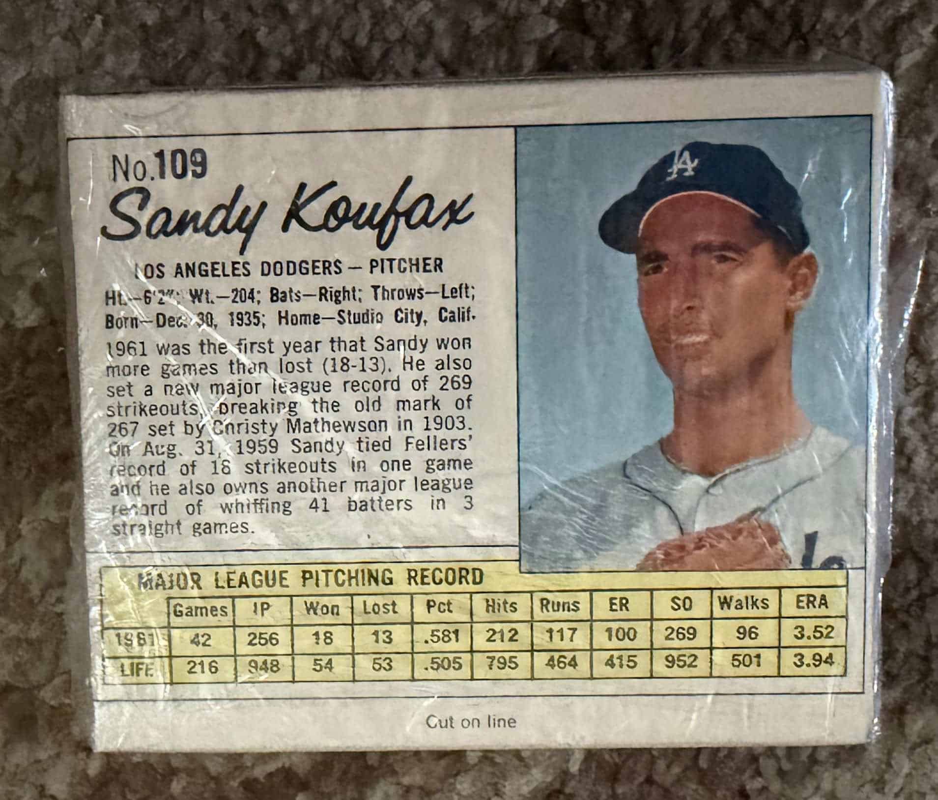 1962 Jell-O Baseball Complete Box #109 Sandy Koufax